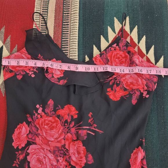 Y2K Express Midi Slip Dress Sz 7/8 Black Red Floral Ruffle High Low Dark Romanti - Picture 6 of 10
